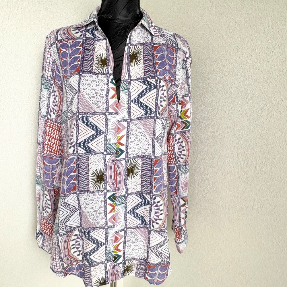 Vivante Geometric Patchwork Button Down Shirt Women L Multicolor